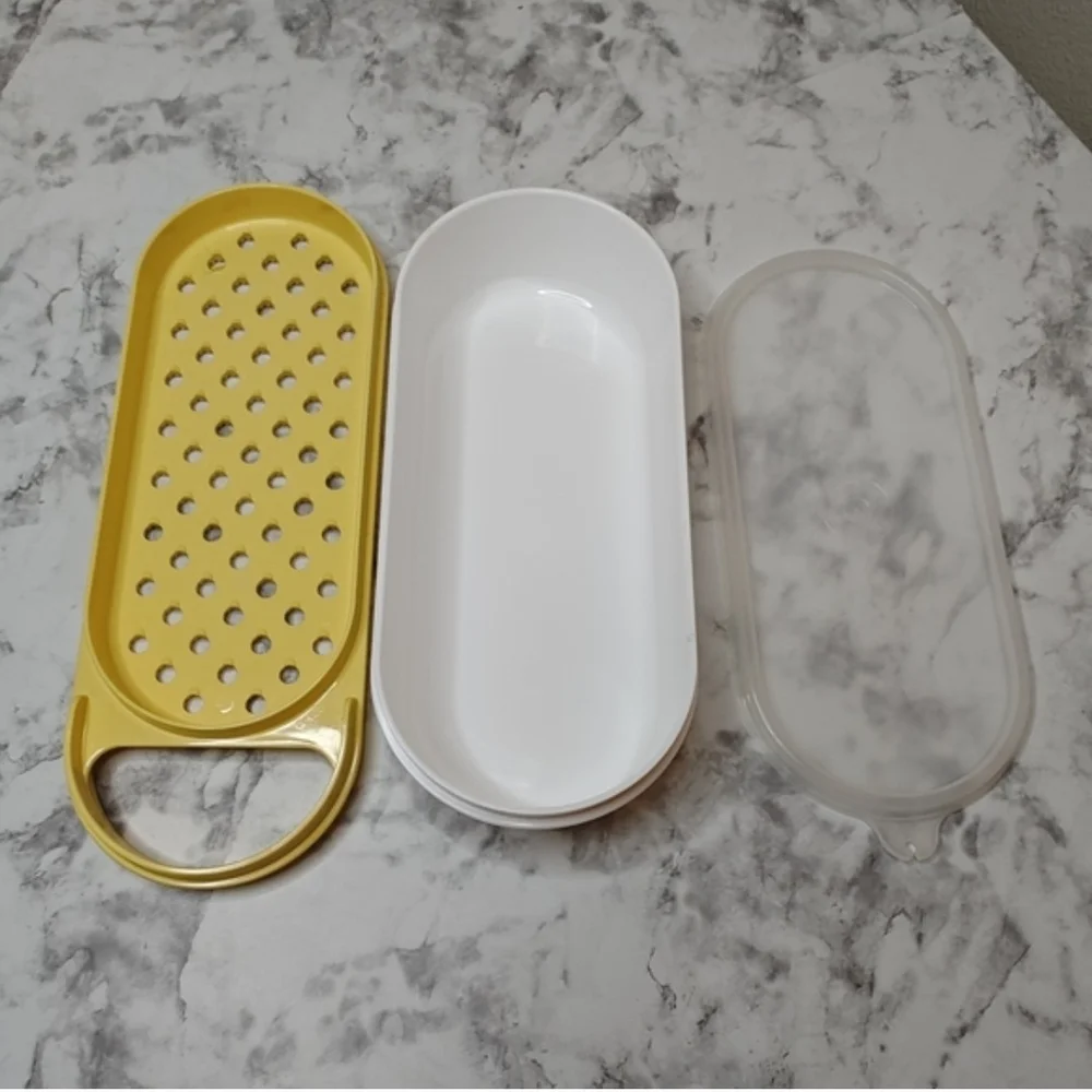 Vintage Tupperware Microwave Steamer Poacher Grater Set Yellow White 3pc Retro